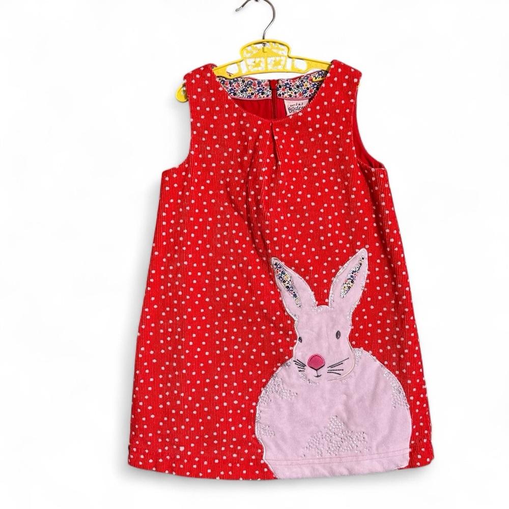Mini Boden Dress Velvet Bunny Size 4-5 Y Corduroy White Dot Zip Back  FALL CLEAN